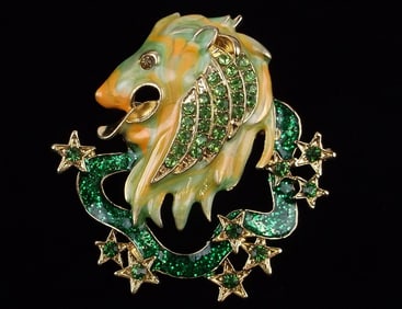 Mint Enameled Rhinestone Astrological Lion Leo Brooch