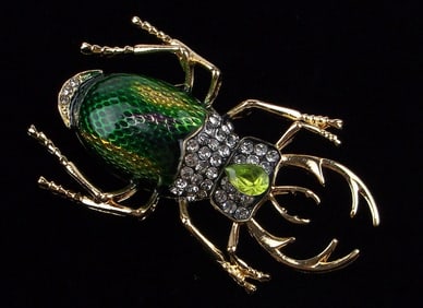 Mint Enameled Rhinestone Horned Beetle Insect Brooch