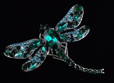 Mint Enameled Rhinestone Dragonfly Brooch Life Size