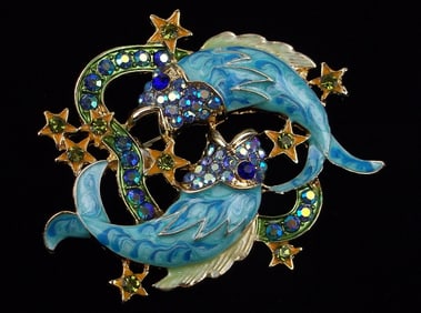 Mint Big Enameled Rhinestone Astrological Fish Pisces Brooch