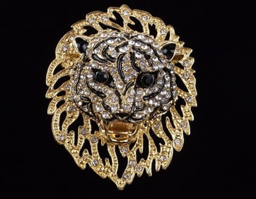 Big Mint Enameled Rhinestone Lion Brooch