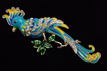 Big Mint Enameled Rhinestone Bird of Paradise Brooch
