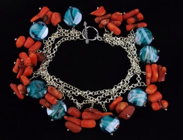 Stunning Vintage Sterling Silver Red Coral Art Glass Bracelet 9"