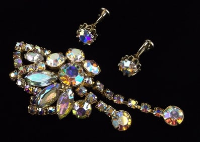 Mint Vintage 1950s Aurora Borealis Rhinestone Brooch Earrings