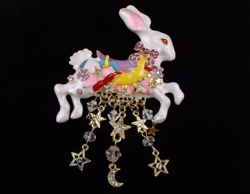 Big Mint Enameled Rhinestone Fairytale Rabbit Brooch