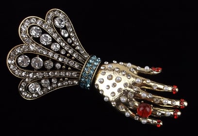 Big Mint Enameled jelly Belly Rhinestone Hand Brooch