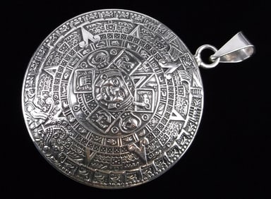 Big Mint Heavy Taxco Sterling Silver Mayan UFO Disc Pendant TM18