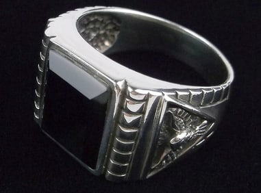 Big Heavy Mint Sterling Silver Onyx Eagle Mens Ring 13.5 Thick