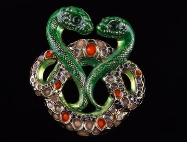 Mint Big Enameled Rhinestone Double Snake Brooch