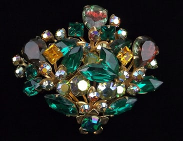 Stunning Vint Big 1950s Rhinestone Flower Basket Brooch