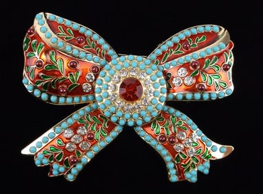 Big Mint Enameled Rhinestone Christmas Bow Brooch