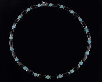 Mint Vint Taxco Thick Sterling Silver Turquoise Onyx Necklace 16.5"