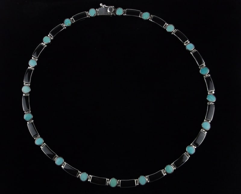 Mint Vint Taxco Thick Sterling Silver Turquoise Onyx Necklace 16.5": Guaranteed Solid 925 Sterling Silver, in Excellent Condition