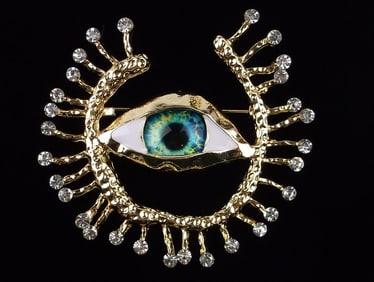 Big Mint Enameled Rhinestone All Seeing Eye Brooch