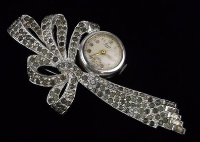 Rare Big Vint 1930s Louis Rhinestone Watch Brooch Works Great