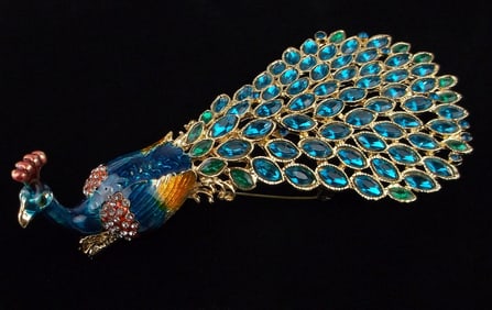 Huge Mint Enameled Rhinestone Peacock Shoulder Brooch