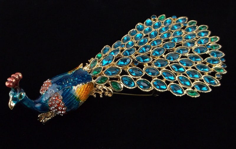 Huge Mint Enameled Rhinestone Peacock Shoulder Brooch (1 of 3)