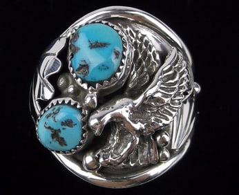 Huge Mint Navajo Running Bear Sterling Turquoise Eagle Ring 17