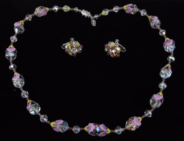 New Vintage 1960s Vendome Paris Crystal Necklace Earrings 22"