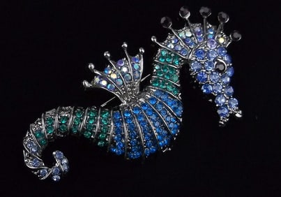 Mint Enameled Rhinestone Seahorse Brooch Life Size