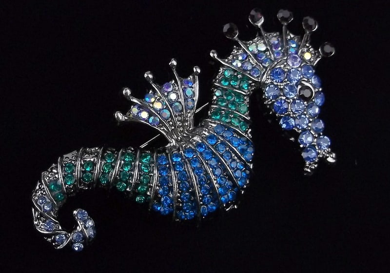 Mint Enameled Rhinestone Seahorse Brooch Life Size