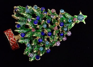 Mint Enameled Rhinestone Christmas Tree Brooch