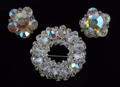 Mint Vintage 1950s Crystal Brooch Earrings Set