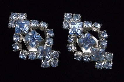 New Vintage 1950s Ice Blue Rhinestone Earrings