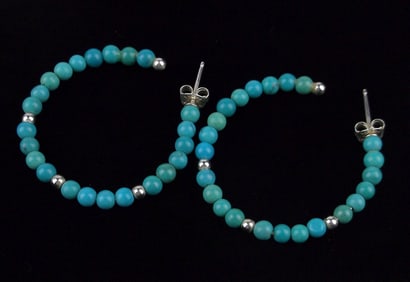 Mint Big Vintage Sterling Silver Turquoise Hoop Earrings