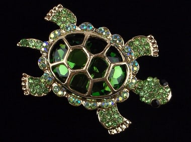 Mint Enameled Rhinestone Turtle Brooch