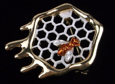 Mint Enameled Bee Beehive Honeycomb Brooch
