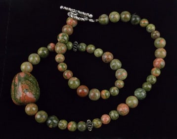Mint Vintage Sterling Silver Healing Unakite Necklace 16"