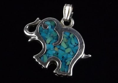 Stunning Vint 1970s Sterling Silver Turquoise Elephant Pendant