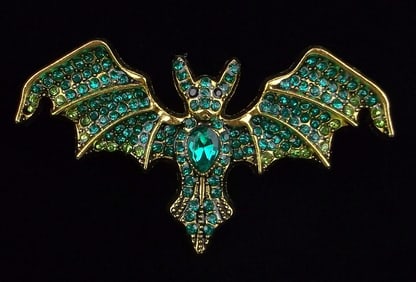 Mint Enameled Rhinestone Bat Brooch