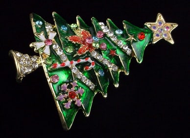 Mint Enameled Rhinestone Christmas Tree Brooch