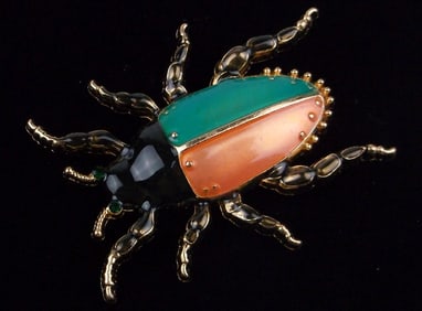 Mint Enameled Rhinestone Beetle Brooch
