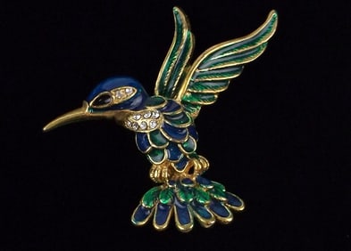 Mint Vint Enameled Rhinestone Hummingbird Brooch