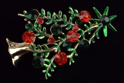 Mint Enameled Rhinestone Christmas Tree Brooch