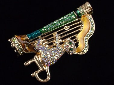 Mint Enameled Rhinestone Cat Playing Harp Brooch