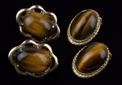 2 Stunning Vint 1960s Tigers Eye Earrings Sets