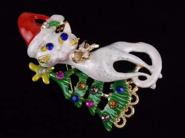 Big Mint Enameled Rhinestone Cat Christmas Tree Brooch
