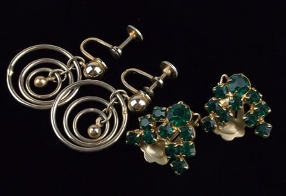 2 Gorgeous Sets Vintage 1960s Earrings Rhinestone Alice Hoop