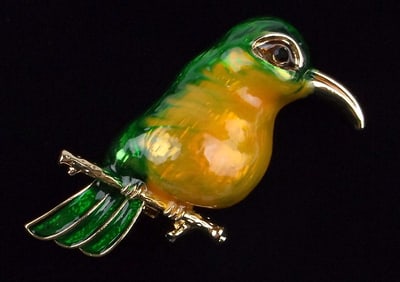 Mint Enameled Rhinestone Bird Brooch
