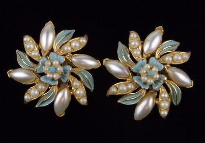 Mint Vintage 1960s Florenza Enameled Faux Pearl Earrings