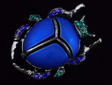 Mint Enameled Rhinestone Egyptian Scarab Beetle Brooch