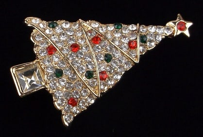 Mint Enameled Rhinestone Christmas Tree Brooch