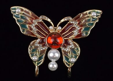 Mint Enameled Jelly Belly Rhinestone Butterfly Brooch