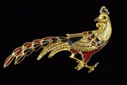 Stunning Vintage Enameled Peacock Brooch