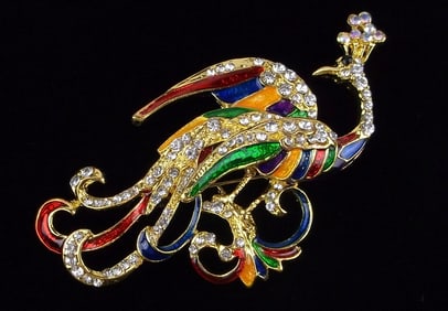 Mint Enameled Rhinestone Peacock Brooch