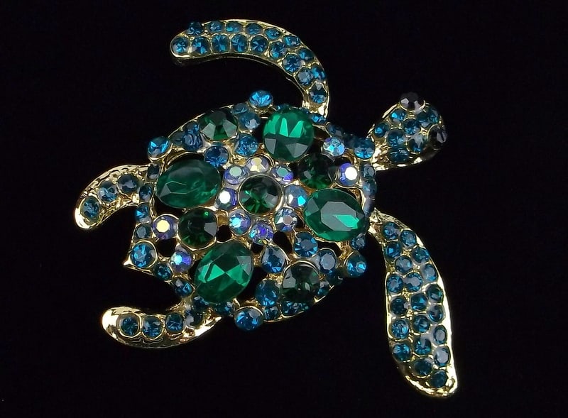 Mint Enameled Rhinestone Sea Turtle Brooch (1 of 2)